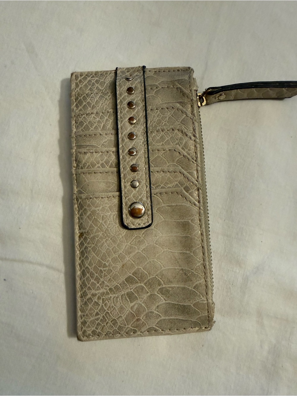 Neutral Beige and Black Textured Wristlet Wallet with Stud Detail